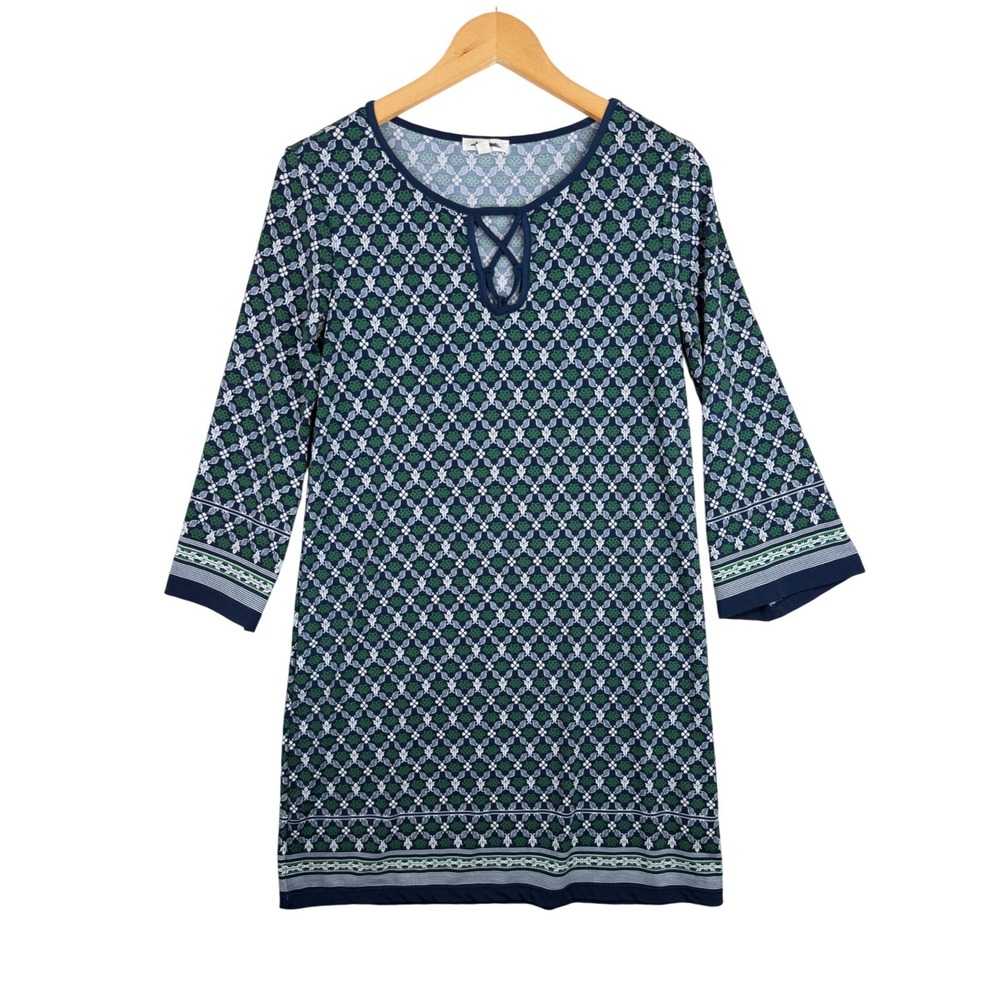 Max Studio Loose Fit Pullover Printed Bell Sleeve Dress size‎ Small Blue/Green